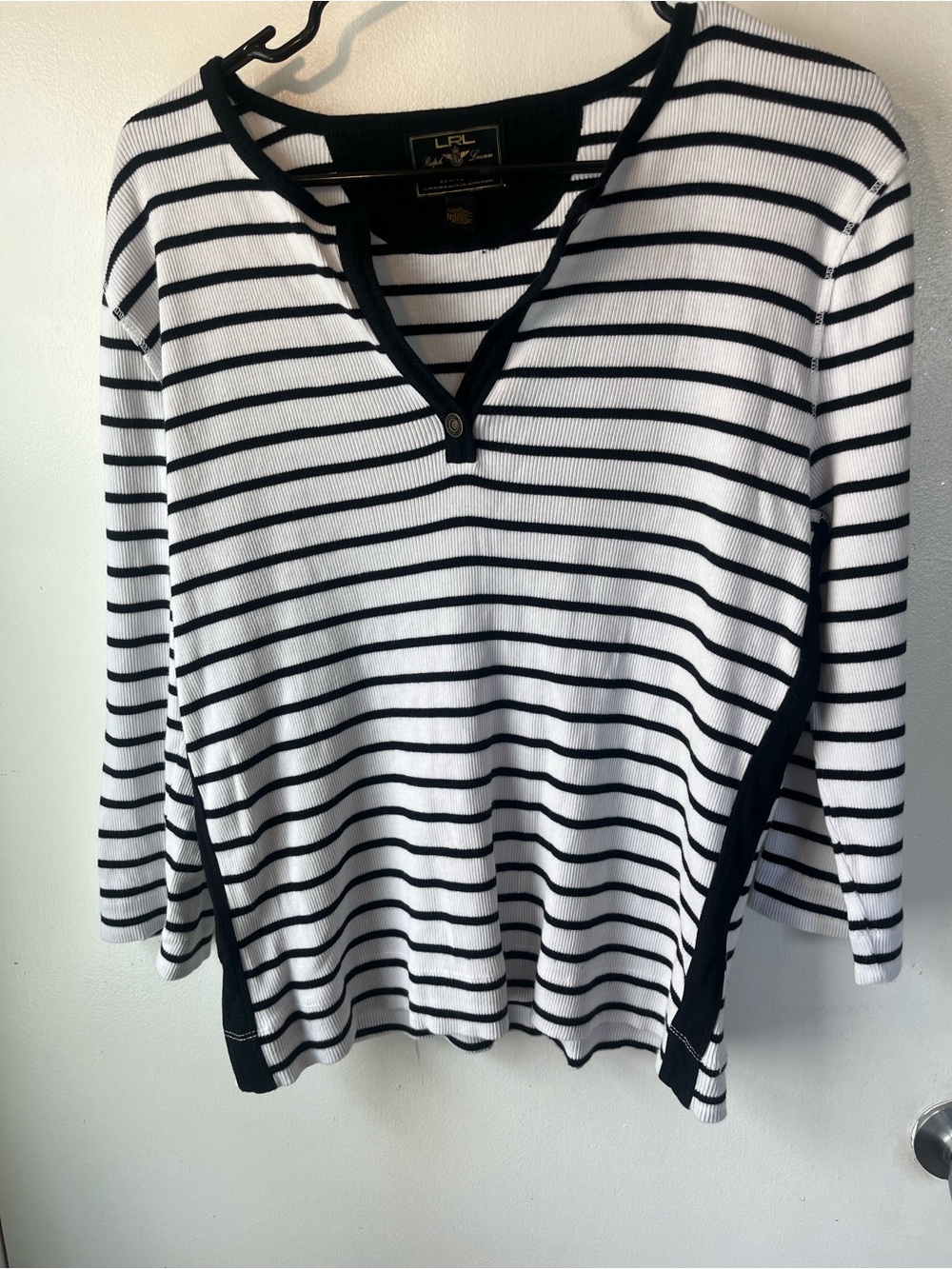 Ralph Lauren Black and White Striped Long Sleeve Henley Tee